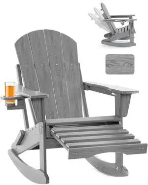 Adjustable Adirondack Rocking Chair with Retractable Ottoman, 4-in-1 Multifunctional Folding Patio Chair with Cup Holder, Outdoor Chair Wood Texture for Lawn, Porch, Backyard, Pool(Grey) Adjustable Adirondack Rocking Chair with Retractable Ottoman, 4-in-1 Multifunctional Folding Patio Chair with Cup Holder, Outdoor Chair Wood Texture for Lawn, Porch, Backyard, Pool(Grey)