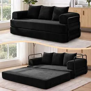 Korser Convertible Sofa Bed, Chenille Folding Boneless Couch with Cylindrical Pillows, Modern Loveseat Sofa with Fixed-Shape Frame, Futon Couch Sleeper Sofa for Living Room, Apartment, Bedroom | Black Korser Convertible Sofa Bed, Chenille Folding Boneless Couch with Cylindrical Pillows, Modern Loveseat Sofa with Fixed-Shape Frame, Futon Couch Sleeper Sofa for Living Room, Apartment, Bedroom | Black