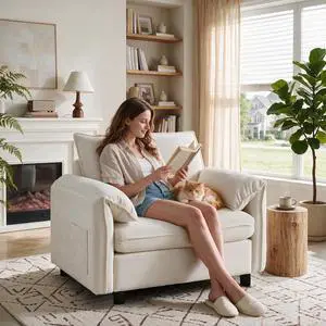 Korser Oversized Accent Chair, 39.3" Wide Arm Chairs for Living Room & Bedroom, Modern Lounge Chair, Upholstered Mid-Century Reading Chair, Comfy Living Room Chair, Single Sofa Chair, Chenille, Beige Korser Oversized Accent Chair, 39.3" Wide Arm Chairs for Living Room & Bedroom, Modern Lounge Chair, Upholstered Mid-Century Reading Chair, Comfy Living Room Chair, Single Sofa Chair, Chenille, Beige