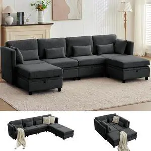 Korser 112" Modular Sectional Sofa with Storage, Comfy Sectional Couches for Living Room, Convertible Modular Sofa with Ottoman, U Shaped Couch with Chaise, 6 Seats, Adjustable Armrest Korser 112" Modular Sectional Sofa with Storage, Comfy Sectional Couches for Living Room, Convertible Modular Sofa with Ottoman, U Shaped Couch with Chaise, 6 Seats, Adjustable Armrest