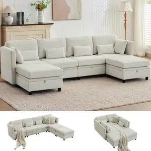 Korser 112" Modular Sectional Sofa with Storage, Comfy Sectional Couches for Living Room, Convertible Modular Sofa with Ottoman, U Shaped Couch with Chaise, 6 Seats, Adjustable Armrest Korser 112" Modular Sectional Sofa with Storage, Comfy Sectional Couches for Living Room, Convertible Modular Sofa with Ottoman, U Shaped Couch with Chaise, 6 Seats, Adjustable Armrest