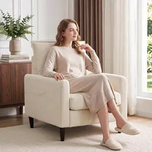 Korser Accent Chair for Living Room, Comfy Upholstered Mid-Century Reading Chair for Bedroom, Modern Linen Arm Chair with Pillow & Solid Wood Legs, Single Sofa Lounge Chair with Side Pockets, Beige Korser Accent Chair for Living Room, Comfy Upholstered Mid-Century Reading Chair for Bedroom, Modern Linen Arm Chair with Pillow & Solid Wood Legs, Single Sofa Lounge Chair with Side Pockets, Beige