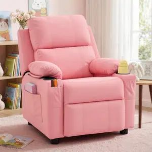 Korser Kids Recliner Chair, PU Leather Toddler Recliner with Cup Holder, Kid Recliner Sofa with Footrest, Push Back Child Reclining Chair with Side Pockets for Children Boys Girls Room, Pink Korser Kids Recliner Chair, PU Leather Toddler Recliner with Cup Holder, Kid Recliner Sofa with Footrest, Push Back Child Reclining Chair with Side Pockets for Children Boys Girls Room, Pink