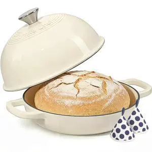 Enameled Round Cast Iron Bread Oven, 6 Qt Cast Iron Dutch Oven for Homemade Sourdough Bread Baking, Bread Pot with Dome Lid & Cotton Potholders (Cream White) Enameled Round Cast Iron Bread Oven, 6 Qt Cast Iron Dutch Oven for Homemade Sourdough Bread Baking, Bread Pot with Dome Lid & Cotton Potholders (Cream White)
