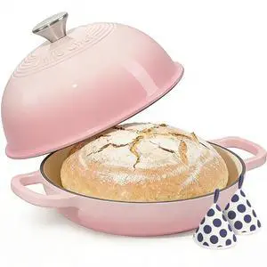 Cast Iron Dutch Oven Pot with Lid, Round Bread Oven for Sourdough Bread Baking, Umite Chef Enameled Cast Iron Bread Oven with Dome Lid & Cotton Potholders for Sourdough, Pink, 6 Quarts Cast Iron Dutch Oven Pot with Lid, Round Bread Oven for Sourdough Bread Baking, Umite Chef Enameled Cast Iron Bread Oven with Dome Lid & Cotton Potholders for Sourdough, Pink, 6 Quarts