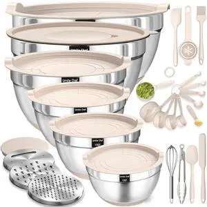 Mixing Bowls with Airtight Lids Set, 26PCS Stainless Steel Khaki Bowls with Grater Attachments, Non-Slip Bottoms & Kitchen Gadgets Set, Size 7, 4, 2.5, 2.0,1.5, 1QT, Great for Mixing & Serving Mixing Bowls with Airtight Lids Set, 26PCS Stainless Steel Khaki Bowls with Grater Attachments, Non-Slip Bottoms & Kitchen Gadgets Set, Size 7, 4, 2.5, 2.0,1.5, 1QT, Great for Mixing & Serving