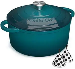 Umite Chef 7QT Enameled Cast Iron Dutch Oven with Lid & Cotton PotholdersHeavy-Duty Cookware for Bread Baking, Braising, Stews, Marinate, Cook(Emerald) Umite Chef 7QT Enameled Cast Iron Dutch Oven with Lid & Cotton PotholdersHeavy-Duty Cookware for Bread Baking, Braising, Stews, Marinate, Cook(Emerald)