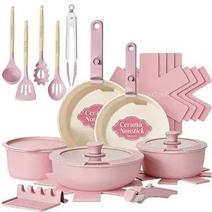 Umite Chef Pots and Pans Set Non Stick, 21 pcs Nonstick Ceramic Cookware Set, RV Kitchen Cooking Set with Detachable Handles, Oven Safe, Induction Cookware, Stackable, Pink, PFAS PFOA & PTFE Free Umite Chef Pots and Pans Set Non Stick, 21 pcs Nonstick Ceramic Cookware Set, RV Kitchen Cooking Set with Detachable Handles, Oven Safe, Induction Cookware, Stackable, Pink, PFAS PFOA & PTFE Free
