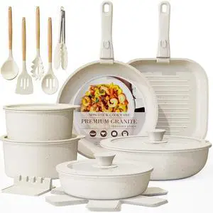 Astercook 23 Pcs Pots and Pans Set Non Stick, Ceramic Cookware Set Detachable Handle, RV Kitchen Cooking Set Removable Handles, Oven Safe, Induction Ready, Stackable, Cream, Fathers Day Gift for Men Astercook 23 Pcs Pots and Pans Set Non Stick, Ceramic Cookware Set Detachable Handle, RV Kitchen Cooking Set Removable Handles, Oven Safe, Induction Ready, Stackable, Cream, Fathers Day Gift for Men