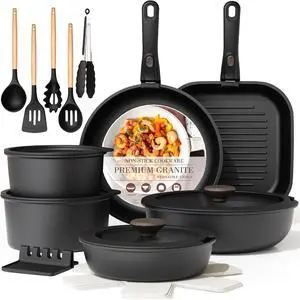 Astercook 23 Pcs Pots and Pans Set Non Stick, Ceramic Cookware Set Detachable Handle, RV Kitchen Cooking Set Removable Handles, Oven Safe, Induction Ready, Stackable, Black, Mothers Day Gifts Astercook 23 Pcs Pots and Pans Set Non Stick, Ceramic Cookware Set Detachable Handle, RV Kitchen Cooking Set Removable Handles, Oven Safe, Induction Ready, Stackable, Black, Mothers Day Gifts