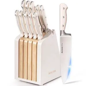 Astercook Knife Set, Kitchen Knife Set with Block and Sharpener, 12 Pcs Ultra-Sharp High Carbon Stainless Steel Knife Block Set with Non-Slip Full Tang Ergonomic Handle, Cream White Cutlery Set Astercook Knife Set, Kitchen Knife Set with Block and Sharpener, 12 Pcs Ultra-Sharp High Carbon Stainless Steel Knife Block Set with Non-Slip Full Tang Ergonomic Handle, Cream White Cutlery Set