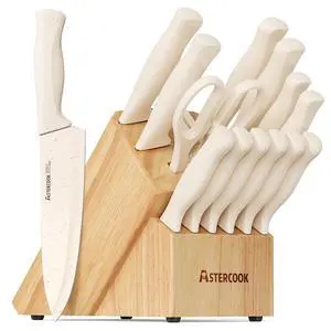 Astercook Knife Set, 15 Pieces Kitchen Knife Set with Sharpener Block, German Stainless Steel Knives with Anti-Rust Coating, Dishwasher Safe, Elegant Cream White Design, Perfect for Holiday Gifts Astercook Knife Set, 15 Pieces Kitchen Knife Set with Sharpener Block, German Stainless Steel Knives with Anti-Rust Coating, Dishwasher Safe, Elegant Cream White Design, Perfect for Holiday Gifts