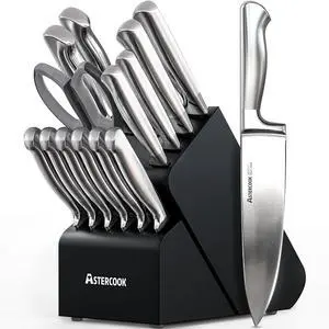 Astercook Knife Set 15 Piece German Steel Kitchen Knife Block Set | Wooden Block with Built-in Sharpener, One-Piece Design, Dishwasher Safe, Rust-Resistant, 6 Steak Knives, For Cooking & Gift Astercook Knife Set 15 Piece German Steel Kitchen Knife Block Set | Wooden Block with Built-in Sharpener, One-Piece Design, Dishwasher Safe, Rust-Resistant, 6 Steak Knives, For Cooking & Gift