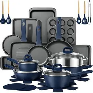 Pots and Pans Set Nonstick, Umite Chef Kitchen Non Stick Induction Cookware & Bakeware Set - 31 PCS Cooking Pans Set with Frying Pans & Utensil, Sturdy & Easy to Clean & PFOA Free (Navy Blue) Pots and Pans Set Nonstick, Umite Chef Kitchen Non Stick Induction Cookware & Bakeware Set - 31 PCS Cooking Pans Set with Frying Pans & Utensil, Sturdy & Easy to Clean & PFOA Free (Navy Blue)