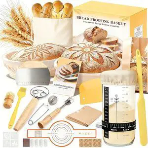 Sourdough Starter Kit, Sourdough Bread Baking Supplies, Round & Oval Banneton Bread Proofing Basket, Bread Sling, Starter Jar, Dough Whisk, Scrapers, Stencils & Bag, Complete Sourdough Kit Gifts Sourdough Starter Kit, Sourdough Bread Baking Supplies, Round & Oval Banneton Bread Proofing Basket, Bread Sling, Starter Jar, Dough Whisk, Scrapers, Stencils & Bag, Complete Sourdough Kit Gifts