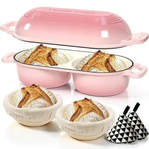 Umite Chef Dutch Oven for Sourdough Bread Baking Enamelled Cast Iron Bread Loaf Pot 500°F Oven Safe Double Round Loaf Space, 16.5 Diameter, 5" Banneton Proofing Baskets & Cotton Potholders(Pink) Umite Chef Dutch Oven for Sourdough Bread Baking Enamelled Cast Iron Bread Loaf Pot 500°F Oven Safe Double Round Loaf Space, 16.5 Diameter, 5" Banneton Proofing Baskets & Cotton Potholders(Pink)