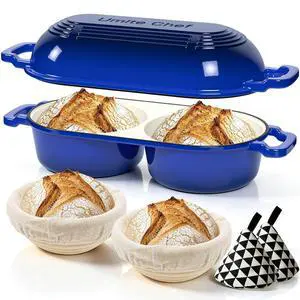 Umite Chef Mini Double Dutch Oven for Sourdough Bread Baking - Enameled Cast Iron Dutch Oven Pot with Lid and 5" Banneton Bread Proofing Basket Kit, Dual Round Bread Loaf Pan for Bread Baking (Blue) Umite Chef Mini Double Dutch Oven for Sourdough Bread Baking - Enameled Cast Iron Dutch Oven Pot with Lid and 5" Banneton Bread Proofing Basket Kit, Dual Round Bread Loaf Pan for Bread Baking (Blue)