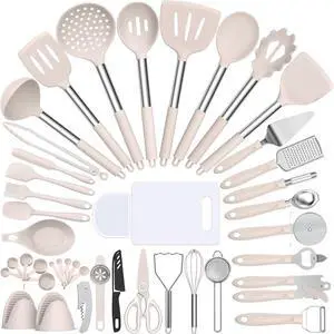 Silicone Cooking Utensil Set, Umite Chef 43 PCS Heat Resistant Kitchen Utensil Gadgets Set-Stainless Steel Handle- Kitchen Spatula Tools for Nonstick Cookware, Pots and Pans Accessories (Khaki) Silicone Cooking Utensil Set, Umite Chef 43 PCS Heat Resistant Kitchen Utensil Gadgets Set-Stainless Steel Handle- Kitchen Spatula Tools for Nonstick Cookware, Pots and Pans Accessories (Khaki)