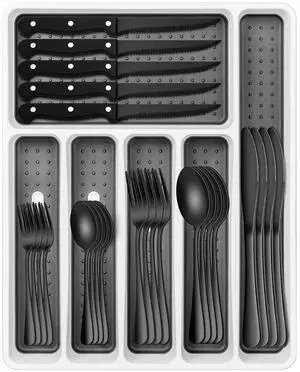 Black Silverware Set, Umite Chef 49-Piece Flatware Set with Drawer Organizer, Durable Stainless Steel Cutlery Set for 8, Tableware Eating Utensils with Steak Knives for Home Restaurant Black Silverware Set, Umite Chef 49-Piece Flatware Set with Drawer Organizer, Durable Stainless Steel Cutlery Set for 8, Tableware Eating Utensils with Steak Knives for Home Restaurant