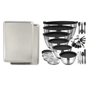 Commercial Quality Baking Sheet Pan Set, Natural Aluminum Cookie Sheet, Mixing Bowls with Airtight Lids Set, Commercial Quality Baking Sheet Pan Set, Natural Aluminum Cookie Sheet, Mixing Bowls with Airtight Lids Set,