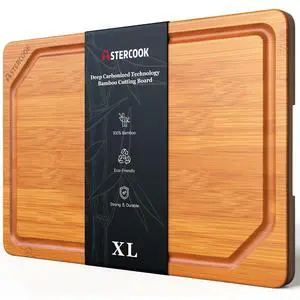 Astercook Deep Carbonized Bamboo Cutting Board, 12" x 17" Large Wood Chopping Board for Kitchen with Juice Groove & Side Handles, Knife-Friendly Serving Charcuterie Board for Meat, Vegetables, Fruit Astercook Deep Carbonized Bamboo Cutting Board, 12" x 17" Large Wood Chopping Board for Kitchen with Juice Groove & Side Handles, Knife-Friendly Serving Charcuterie Board for Meat, Vegetables, Fruit