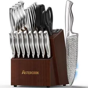 Knife Set, Astercook 21 Pieces Kitchen Knife Set with Built-in Sharpener, German Stainless Steel Knife Block Set, Razor-Sharp Knives with Full-tang Handle, Dishwasher Safe Kitchen Utensils Set Knife Set, Astercook 21 Pieces Kitchen Knife Set with Built-in Sharpener, German Stainless Steel Knife Block Set, Razor-Sharp Knives with Full-tang Handle, Dishwasher Safe Kitchen Utensils Set