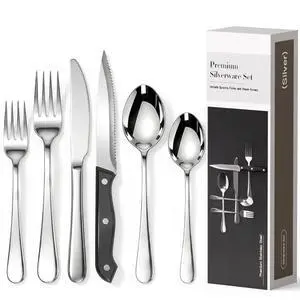 Astercook 25-Pieces Silverware Set with Steak Knives, Tableware Set for 4 - Great Food-Grade Stainless Steel Flatware Set, Mirror-Polished Dining Utensil Set Perfect for Home & Restaurant Astercook 25-Pieces Silverware Set with Steak Knives, Tableware Set for 4 - Great Food-Grade Stainless Steel Flatware Set, Mirror-Polished Dining Utensil Set Perfect for Home & Restaurant