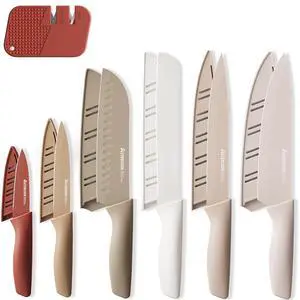 Astercook Knife Set, 7-Piece Kitchen Knives Set with Sharpener, High Carbon Stainless Steel Chef Knives with Anti-Rust Coating & 6 Blade Guards, Dishwasher Safe Astercook Knife Set, 7-Piece Kitchen Knives Set with Sharpener, High Carbon Stainless Steel Chef Knives with Anti-Rust Coating & 6 Blade Guards, Dishwasher Safe