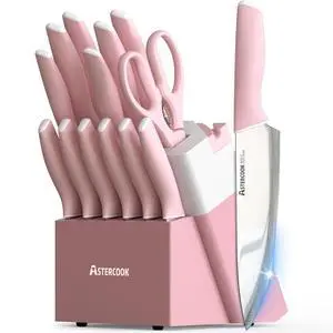Astercook Knife Set, Kitchen Knives Set with Block and Sharpener 15 Pcs German Stainless Steel Knives Sharp Blade Dishwasher Safe Deba Knives with Ergonomic Handle, Crystal Pink Astercook Knife Set, Kitchen Knives Set with Block and Sharpener 15 Pcs German Stainless Steel Knives Sharp Blade Dishwasher Safe Deba Knives with Ergonomic Handle, Crystal Pink