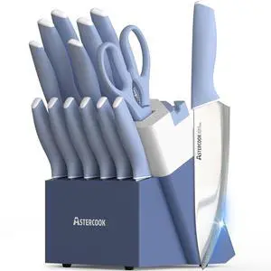 Astercook Kitchen Knife Set with Block and Sharpener 15 Piece German High Carbon Stainless Steel Knives Sharp Blade Dishwasher Safe Deba Knives with Ergonomic Handle, Delicate Blue Astercook Kitchen Knife Set with Block and Sharpener 15 Piece German High Carbon Stainless Steel Knives Sharp Blade Dishwasher Safe Deba Knives with Ergonomic Handle, Delicate Blue