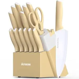 Astercook Kitchen Knife Set with Block and Sharpener 15 Piece Knives Set German High Carbon Stainless Steel Knives Sharp Blade Dishwasher Safe Deba Knives with Ergonomic Handle Astercook Kitchen Knife Set with Block and Sharpener 15 Piece Knives Set German High Carbon Stainless Steel Knives Sharp Blade Dishwasher Safe Deba Knives with Ergonomic Handle