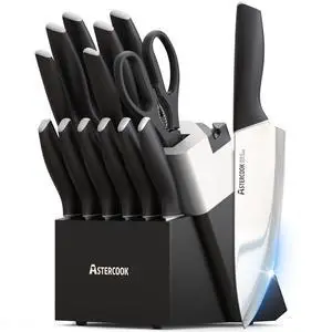 Astercook Knife Set, Kitchen Knives with Block and Sharpener 15 Pcs German Stainless Steel Knives Sharp Blade Dishwasher Safe Deba Knives with Ergonomic Handle, Elegant Black Astercook Knife Set, Kitchen Knives with Block and Sharpener 15 Pcs German Stainless Steel Knives Sharp Blade Dishwasher Safe Deba Knives with Ergonomic Handle, Elegant Black
