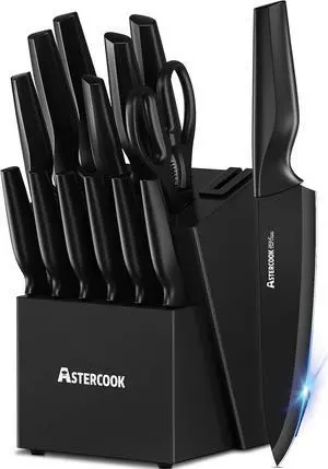 Astercook 15 Pieces Kitchen Knife Block Set with Sharpener, Black | Built-in Sharpener Block, Dishwasher Safe, German Stainless Steel, Ergonomic Handle, Kitchen Weddings Birthdays Gift Astercook 15 Pieces Kitchen Knife Block Set with Sharpener, Black | Built-in Sharpener Block, Dishwasher Safe, German Stainless Steel, Ergonomic Handle, Kitchen Weddings Birthdays Gift