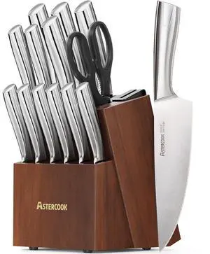Astercook Knife Set, Kitchen Knives Set with Block and Sharpener Full Tang 15 Pcs Stainless Steel Knives, Dishwasher Safe Knife Set with Anti-slip Ergonomic Handle, Walnut, Fathers Day Gift for Men Astercook Knife Set, Kitchen Knives Set with Block and Sharpener Full Tang 15 Pcs Stainless Steel Knives, Dishwasher Safe Knife Set with Anti-slip Ergonomic Handle, Walnut, Fathers Day Gift for Men