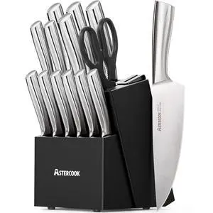 Astercook Knife Set, Kitchen Knives Set with Block and Sharpener Full Tang 15 Pcs Stainless Steel Knives, Dishwasher Safe Knife Set with Anti-slip Ergonomic Handle, Black, Fathers Day Gift for Men Astercook Knife Set, Kitchen Knives Set with Block and Sharpener Full Tang 15 Pcs Stainless Steel Knives, Dishwasher Safe Knife Set with Anti-slip Ergonomic Handle, Black, Fathers Day Gift for Men