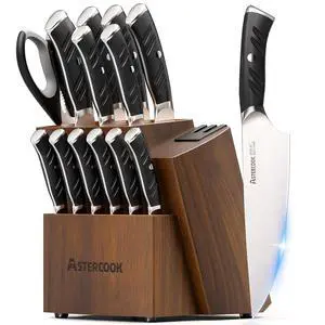 Astercook Knife Set, Kitchen Knives Set with Block and Dual Sharpener Full Tang 15 Pcs German Stainless Steel Knives Sharp Blade Dishwasher Safe Knife Set with Ergonomic Handle, Elegant Black Astercook Knife Set, Kitchen Knives Set with Block and Dual Sharpener Full Tang 15 Pcs German Stainless Steel Knives Sharp Blade Dishwasher Safe Knife Set with Ergonomic Handle, Elegant Black