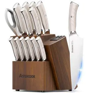 Astercook Knife Set Kitchen with Block and Dual Sharpener Full Tang 15 Pcs German Stainless Steel Knives Dishwasher Safe Kitchen Utensils Set with Anti-slip Ergonomic Handle, Elegant White Astercook Knife Set Kitchen with Block and Dual Sharpener Full Tang 15 Pcs German Stainless Steel Knives Dishwasher Safe Kitchen Utensils Set with Anti-slip Ergonomic Handle, Elegant White