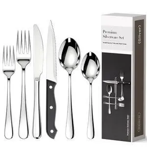 Astercook 49-Pieces Silverware Set with Steak Knives, Tableware Set for 8 - Great Food-Grade Stainless Steel Flatware Set, Mirror-Polished Dining Utensil Set Perfect for Home & Restaurant Astercook 49-Pieces Silverware Set with Steak Knives, Tableware Set for 8 - Great Food-Grade Stainless Steel Flatware Set, Mirror-Polished Dining Utensil Set Perfect for Home & Restaurant