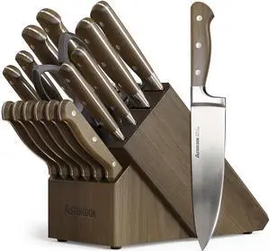 Astercook 17-Piece Knife Block Set with Built-in Sharpener, German Stainless Steel Full Tang Kitchen Knives, Ergonomic Walnut Handle Cutlery Set for Home Cooking & fathers day gift for Dad Astercook 17-Piece Knife Block Set with Built-in Sharpener, German Stainless Steel Full Tang Kitchen Knives, Ergonomic Walnut Handle Cutlery Set for Home Cooking & fathers day gift for Dad