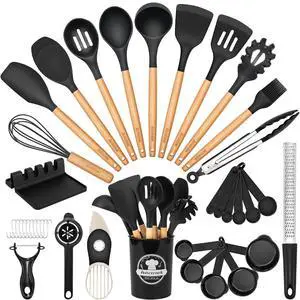Astercook Silicone Cooking Utensils Set, 38 PCS Kitchen Utensils Set for 446°F Heat Resistant, Food Grade Utensil Sets with Wooden Handle, Kitchen Gadgets for Nonstick Cookware BPA Free (Black) Astercook Silicone Cooking Utensils Set, 38 PCS Kitchen Utensils Set for 446°F Heat Resistant, Food Grade Utensil Sets with Wooden Handle, Kitchen Gadgets for Nonstick Cookware BPA Free (Black)