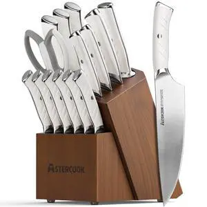 Knife Set, Astercook Kitchen Knife Set with Block, 15 Pcs Luxurious High Carbon German Stainless Steel Knives Set with Full Tang Ergonomic Handle, Dishwasher Safe Knife Set with Sharpening Rod, White Knife Set, Astercook Kitchen Knife Set with Block, 15 Pcs Luxurious High Carbon German Stainless Steel Knives Set with Full Tang Ergonomic Handle, Dishwasher Safe Knife Set with Sharpening Rod, White
