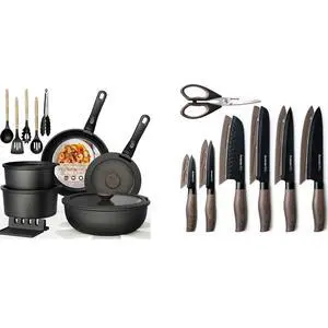 Astercook Non Stick RV Pots and Pans Ceramic Kitchen Cookware Set and Astercook 13-Piece Kitchen Knife Set with Black Anti-Rust Coating Stainless Steel Chef Knives Set Astercook Non Stick RV Pots and Pans Ceramic Kitchen Cookware Set and Astercook 13-Piece Kitchen Knife Set with Black Anti-Rust Coating Stainless Steel Chef Knives Set