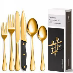 Astercook 49-Piece Gold Silverware Set with Steak Knives, Flatware Tableware Set for 8, Great Food-Grade Stainless Steel Cutlery Set, Mirror Polished Dining Utensils Set, Perfect for Home Restaurant Astercook 49-Piece Gold Silverware Set with Steak Knives, Flatware Tableware Set for 8, Great Food-Grade Stainless Steel Cutlery Set, Mirror Polished Dining Utensils Set, Perfect for Home Restaurant