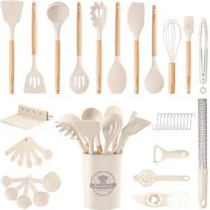 Astercook Silicone Cooking Utensils Set, 38 PCS Kitchen Utensils Set for 446°F Heat Resistant, Food Grade Utensil Sets with Wooden Handle, Kitchen Gadgets for Nonstick Cookware BPA Free (White) Astercook Silicone Cooking Utensils Set, 38 PCS Kitchen Utensils Set for 446°F Heat Resistant, Food Grade Utensil Sets with Wooden Handle, Kitchen Gadgets for Nonstick Cookware BPA Free (White)