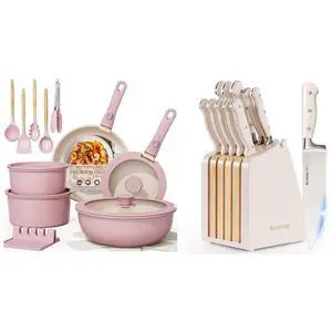 Astercook 21 Pcs Pots and Pans Set Non Stick and 12-Piece Full Tang Kitchen Knife Set with Block and Sharpener Astercook 21 Pcs Pots and Pans Set Non Stick and 12-Piece Full Tang Kitchen Knife Set with Block and Sharpener