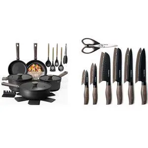 Astercook Non Stick Pots and Pans Set Healthy Non-Toxic Titanium Induction Kitchen Cookware Sets and Astercook 13-Piece Kitchen Knife Set with Black Anti-Rust Coating Stainless Steel Chef Knives Set Astercook Non Stick Pots and Pans Set Healthy Non-Toxic Titanium Induction Kitchen Cookware Sets and Astercook 13-Piece Kitchen Knife Set with Black Anti-Rust Coating Stainless Steel Chef Knives Set