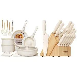 Astercook Ceramic Non-stick Cookware 21 Pcs Pots and Pans Set, and 15 Pcs Kitchen Knife Set with Sharpener Block, Anti-Rust Coating, Elegant Cream White Astercook Ceramic Non-stick Cookware 21 Pcs Pots and Pans Set, and 15 Pcs Kitchen Knife Set with Sharpener Block, Anti-Rust Coating, Elegant Cream White