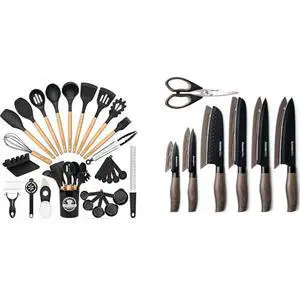 Astercook 39 PCS Kitchen Utensils Set, Silicone Cooking Utensil Sets with Wooden Handle and 13-Piece Kitchen Knife Set with Black Anti-Rust Coating Stainless Steel Chef Knives Set Astercook 39 PCS Kitchen Utensils Set, Silicone Cooking Utensil Sets with Wooden Handle and 13-Piece Kitchen Knife Set with Black Anti-Rust Coating Stainless Steel Chef Knives Set