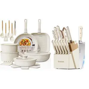 Astercook 21 Pcs Pots and Pans Set Non Stick with 14-Piece Full Tang Kitchen Knife Set with Block Sharpener Astercook 21 Pcs Pots and Pans Set Non Stick with 14-Piece Full Tang Kitchen Knife Set with Block Sharpener