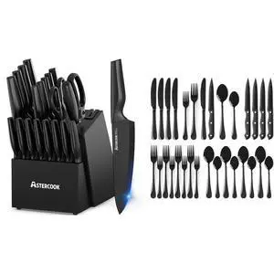 Knife Set, Astercook 21 Pieces Knife Sets for Kitchen with Block and 24-Piece Black Silverware Set with Steak Knives Knife Set, Astercook 21 Pieces Knife Sets for Kitchen with Block and 24-Piece Black Silverware Set with Steak Knives